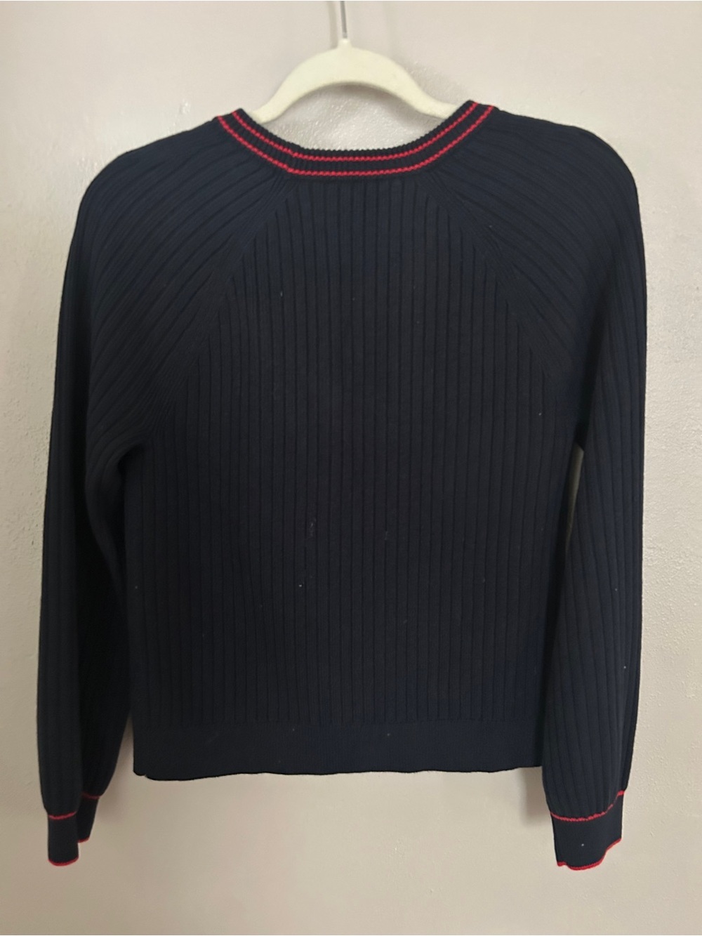 Talbots Navy Ribbed Cardigan w/ Red Trim and Pearl Buttons - Picture 2 of 3